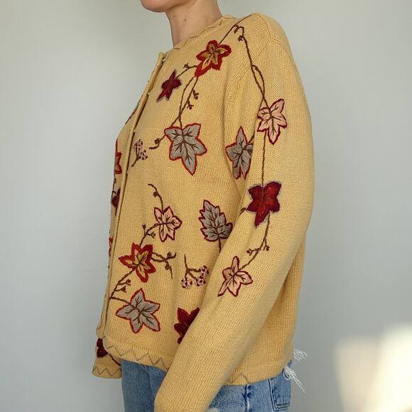 Vintage Leaf Cardigan Sweater Embroidered Cotton XL - Picture 4 of 11